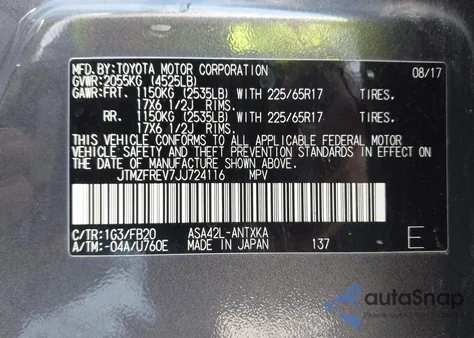 2018 Toyota Rav4 Le из США, поврежденный, VIN JTMZFREV7JJ724116